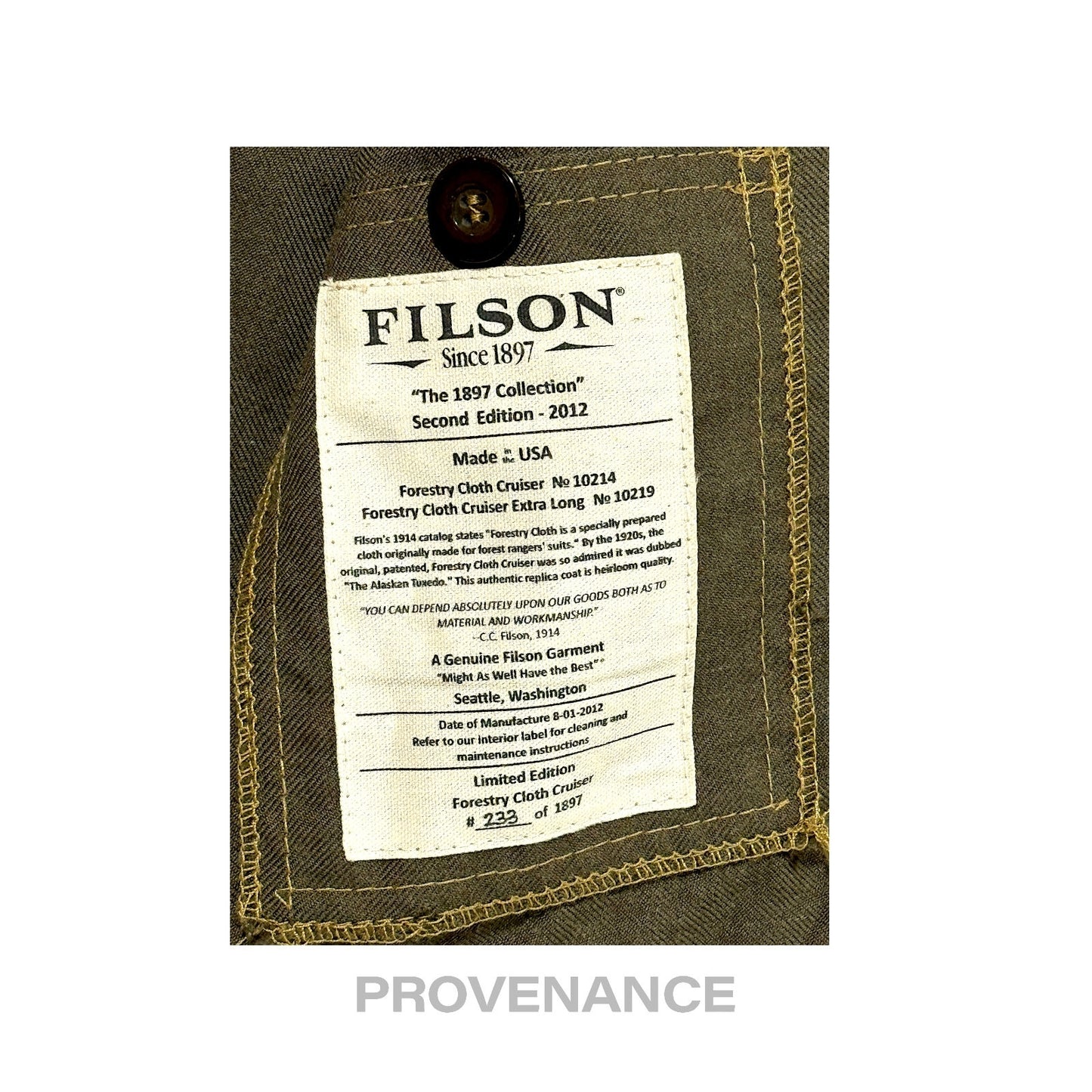 🔴 Filson 1897 Ltd Ed Forestry Cloth Cruiser Olive 36 XS