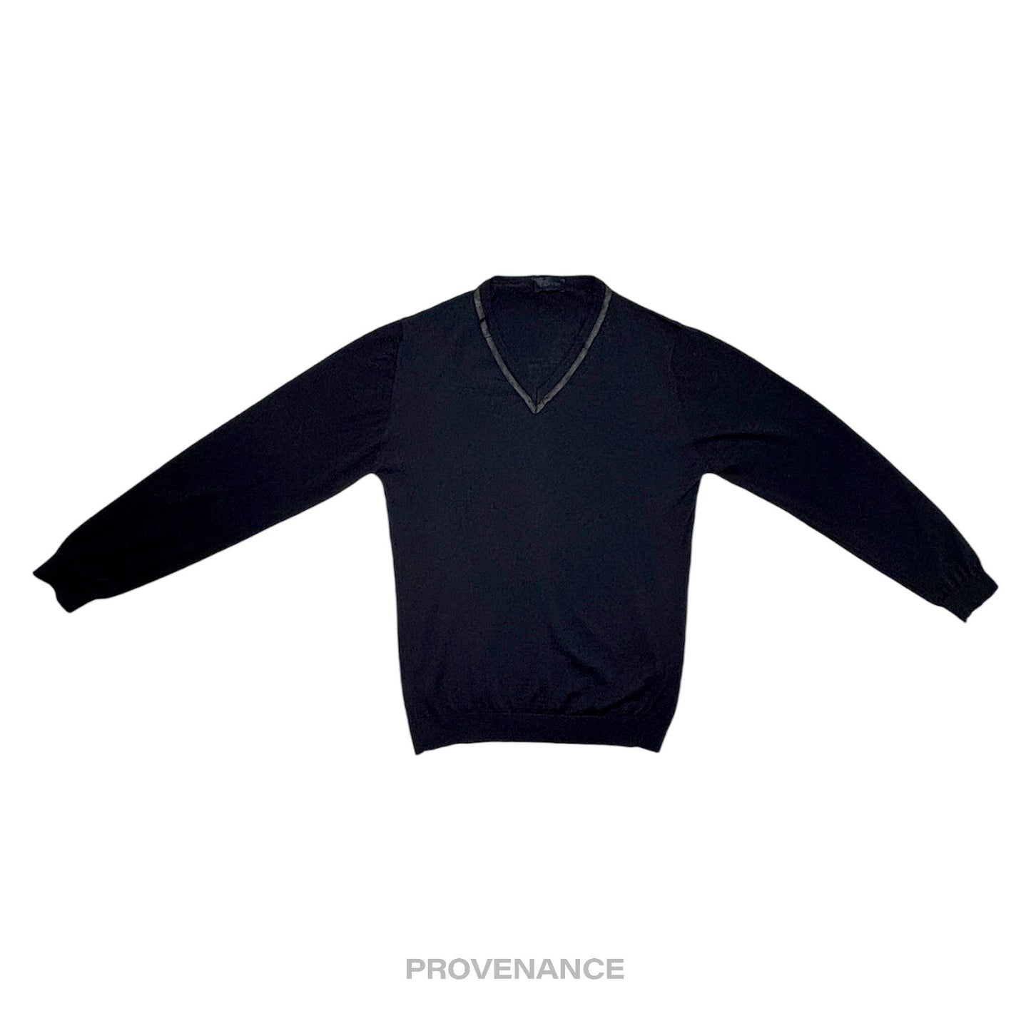 🔴 Lanvin Grosgrain Trim V-Neck Sweater - Navy Merino Wool M