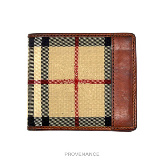 🔴 Burberry Nova Check Canvas Bifold Wallet - Brown Leather