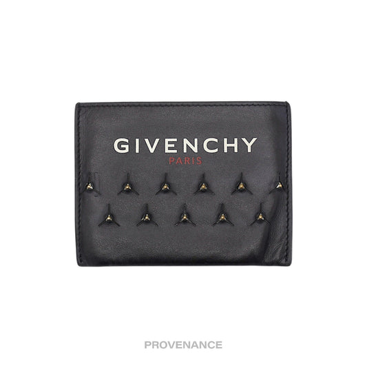 🔴 Givenchy Logo Card Wallet - Black Leather Metal Studs