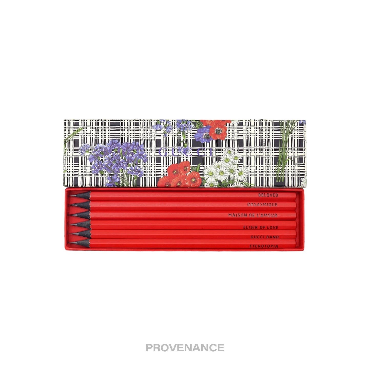 🔴 Gucci 6 Pencil Set Case - Michele Words Floral Red Black