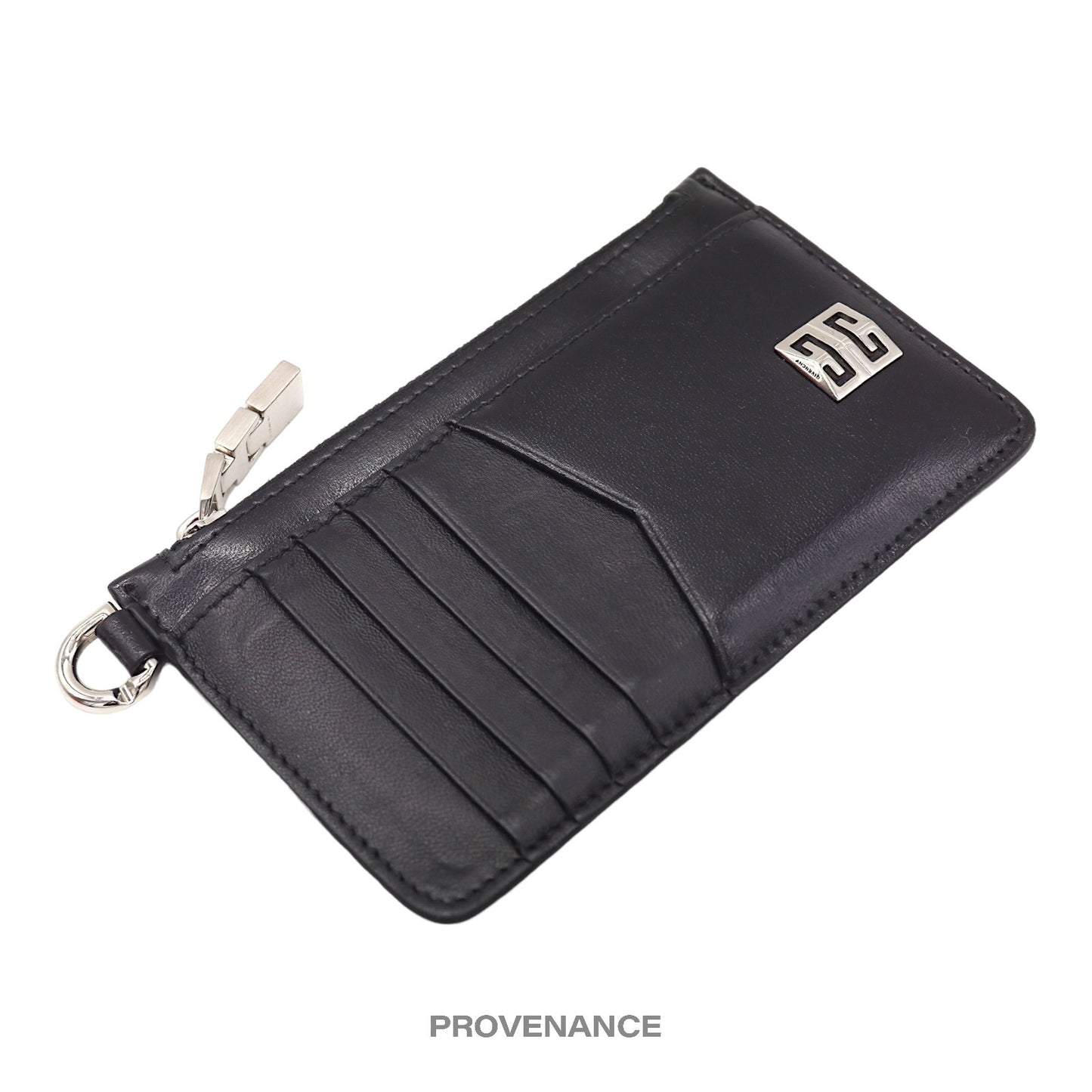 🔴 Givenchy 4G Logo Zip Card Holder Wallet - Black Leather