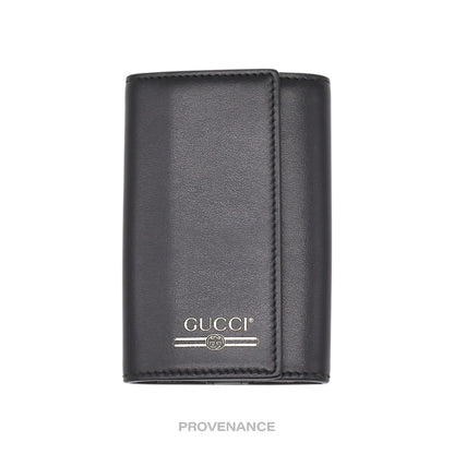 🔴 Gucci GG Vintage Logo 6 Key Holder - Black Leather Gold