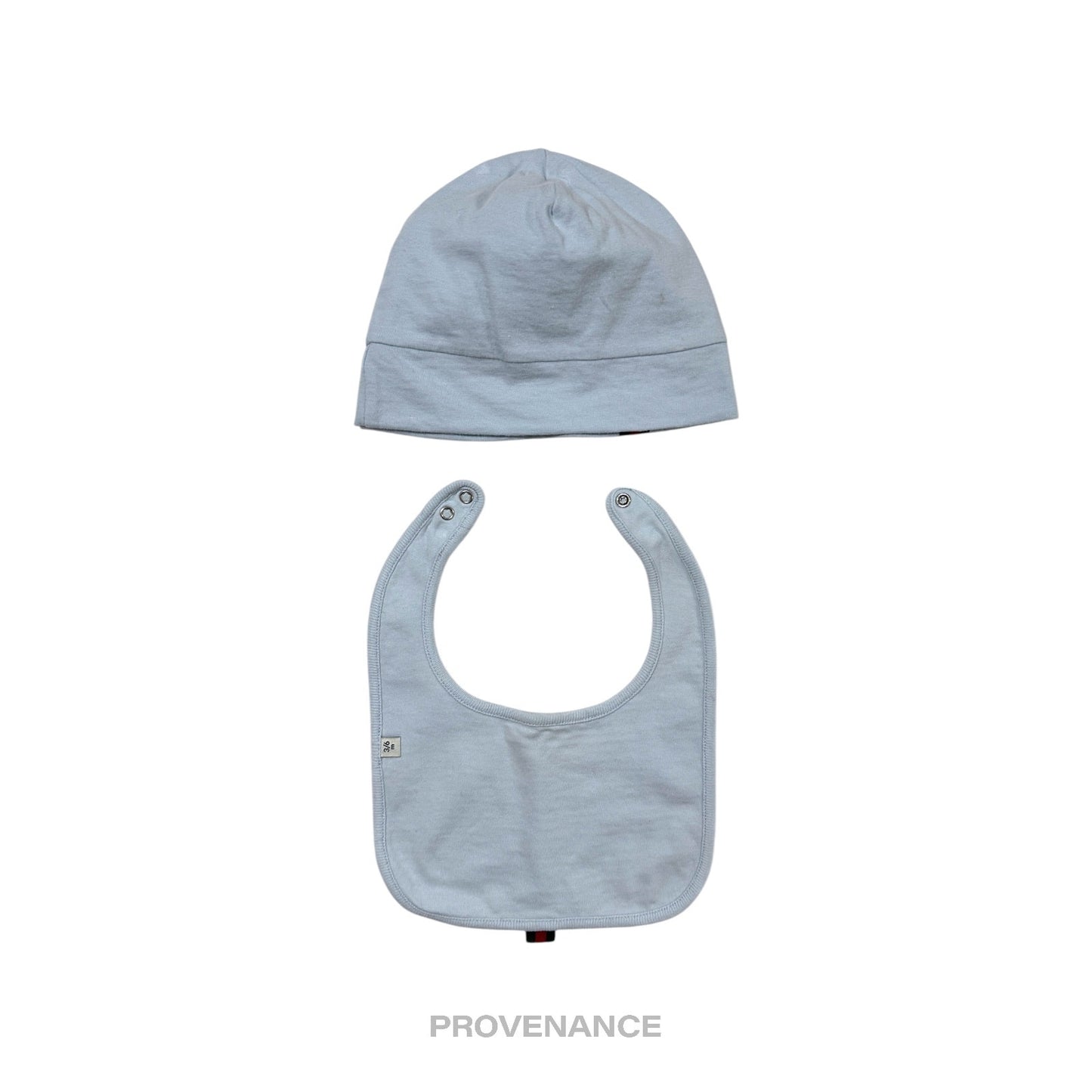 🔴 Gucci Web Baby Hat and Bib  Set - Powder Baby Blue 3/6m