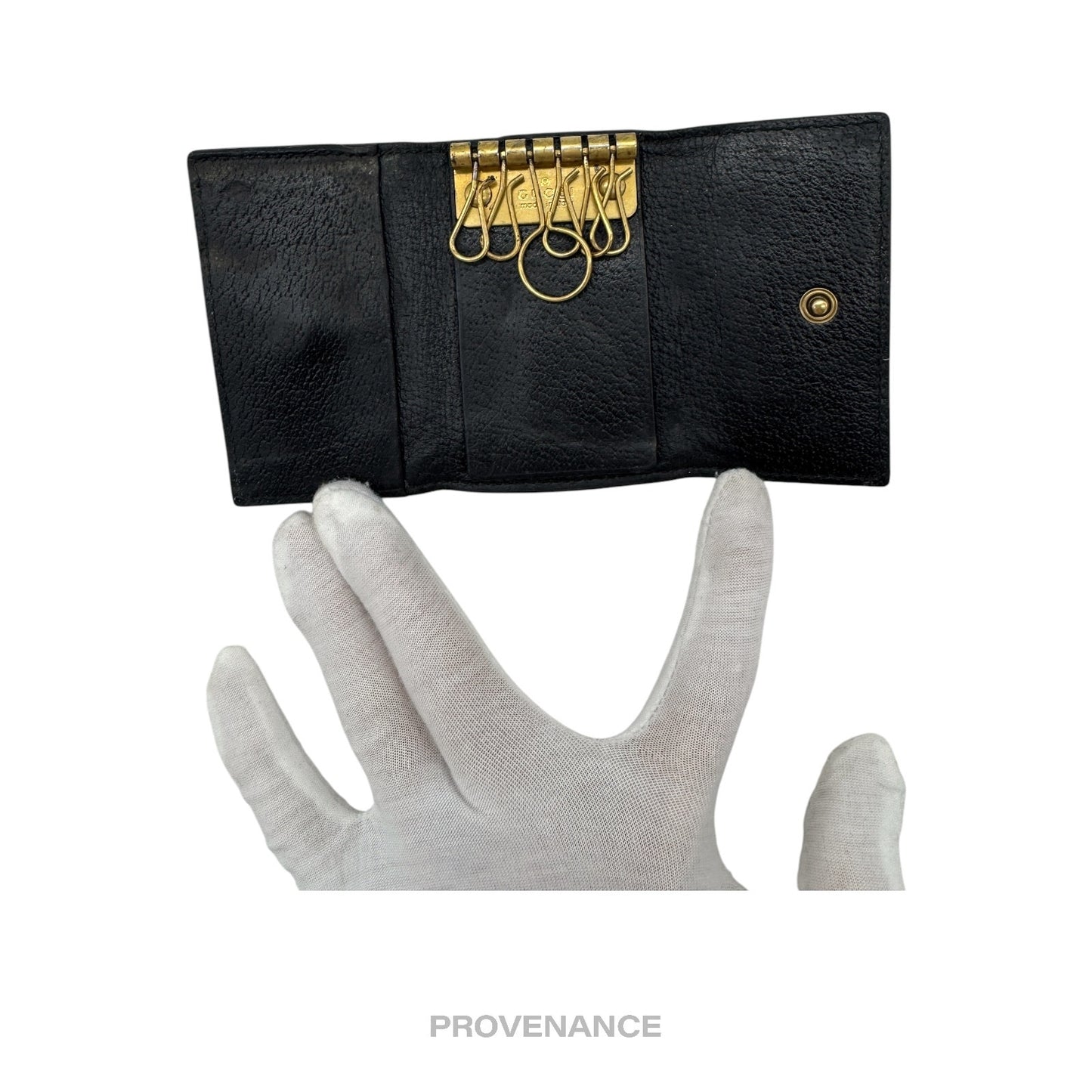 🔴 Gucci 6 Key Holder - Embroidered Bee Gold Black Leather