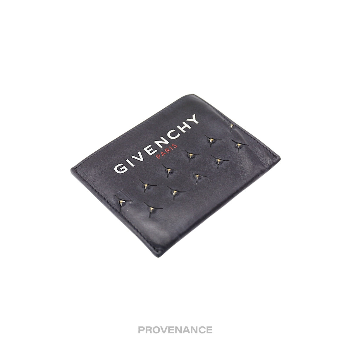 🔴 Givenchy Logo Card Wallet - Black Leather Metal Studs