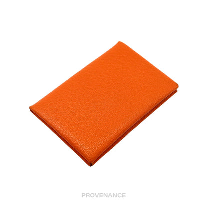 🔴 Hermès Calvi Card Wallet - Orange Chevre Mysore Leather