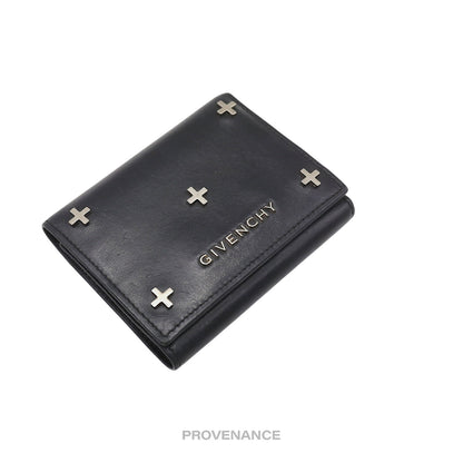 🔴 Givenchy Trifold Metal Cross Card Wallet - Black Leather