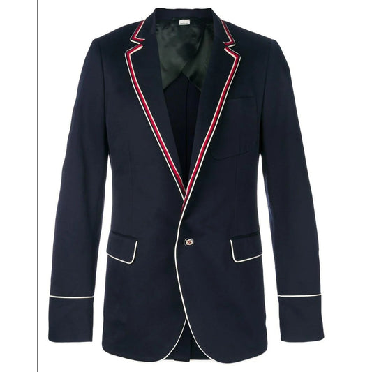 🔴 Gucci Contrast Piping Blazer Jacket Coat - Navy Blue 46