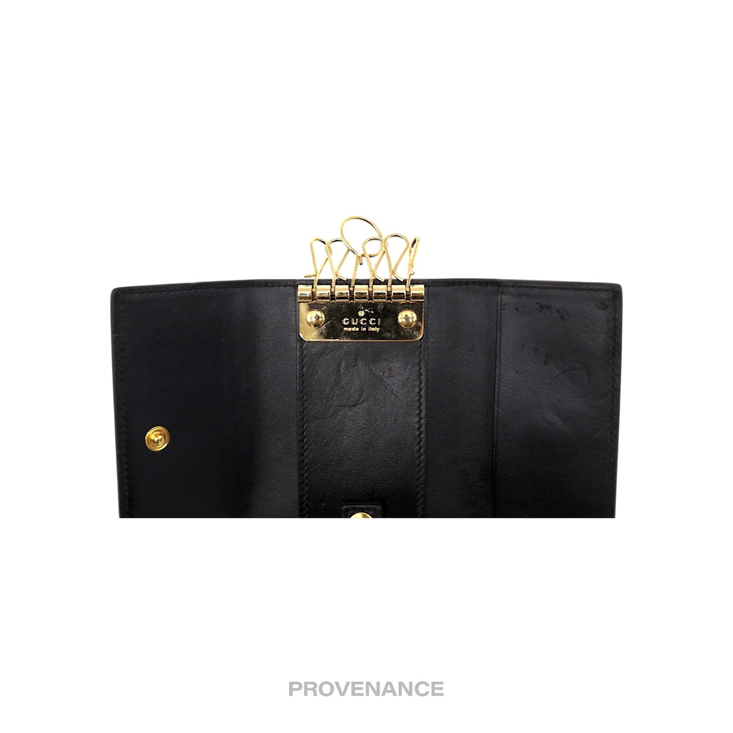 🔴 Gucci GG Vintage Logo 6 Key Holder - Black Leather Gold