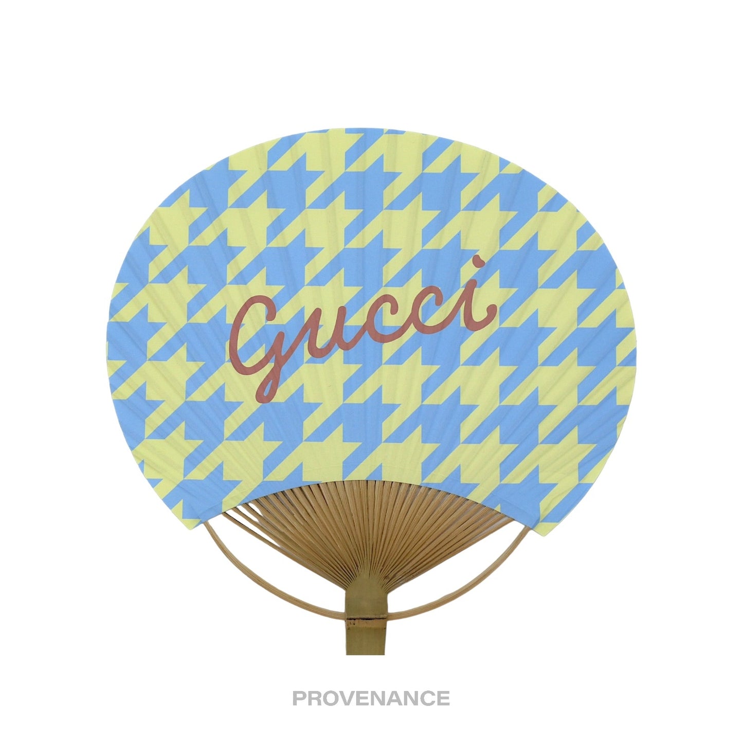 🔴 Gucci Logo Bamboo Hand Fan - Houndstooth Yellow Blue