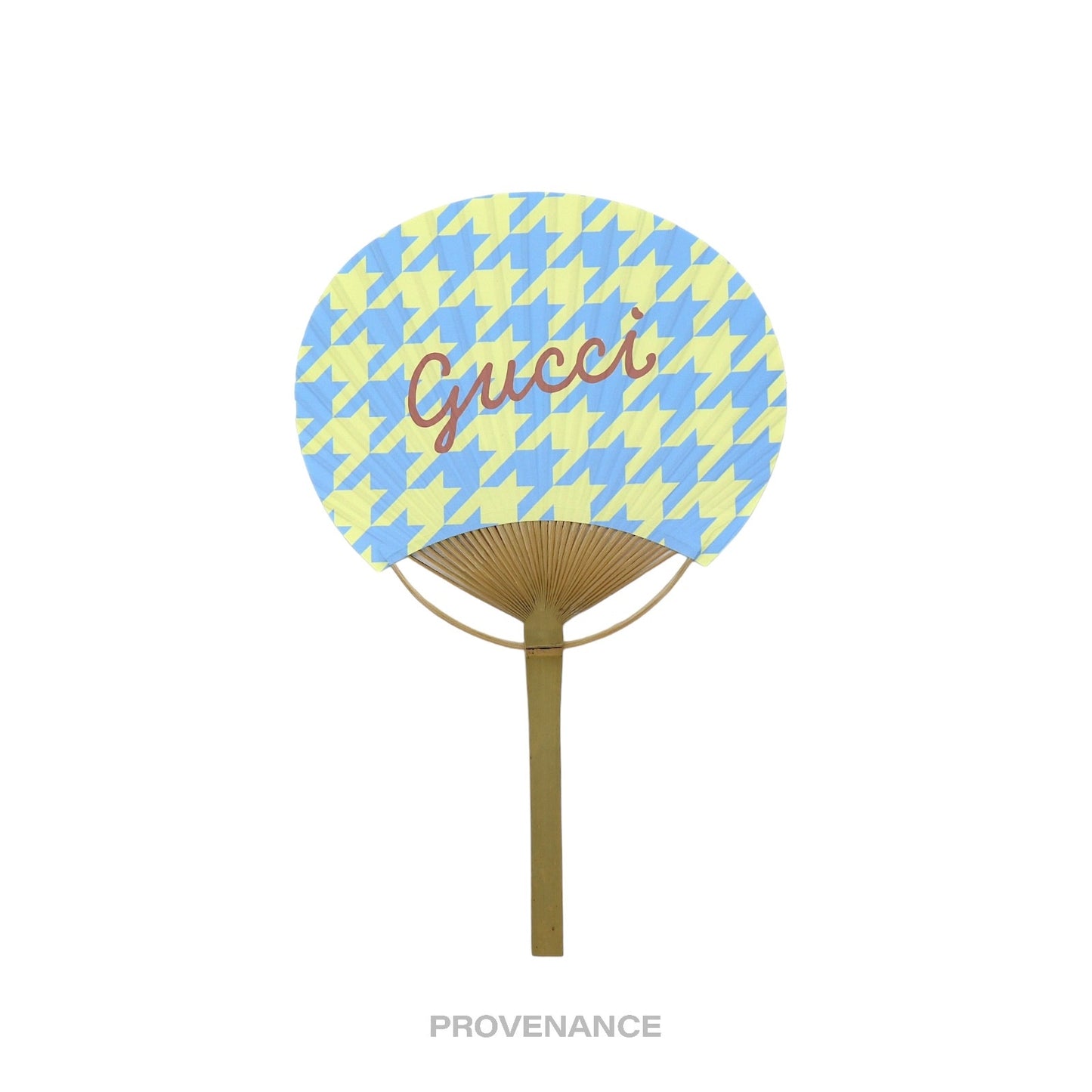 🔴 Gucci Logo Bamboo Hand Fan - Houndstooth Yellow Blue