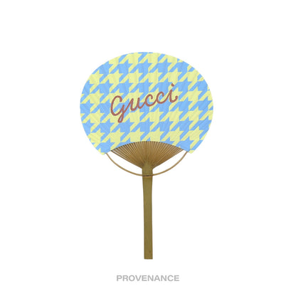 🔴 Gucci Logo Bamboo Hand Fan - Houndstooth Yellow Blue