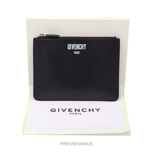 🔴 Givenchy Logo Zip Pouch Clutch Bag - Black Leather