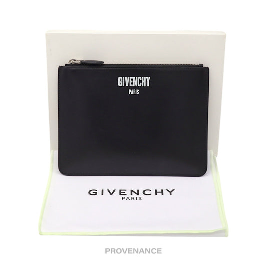 🔴 Givenchy Logo Zip Pouch Clutch Bag - Black Leather