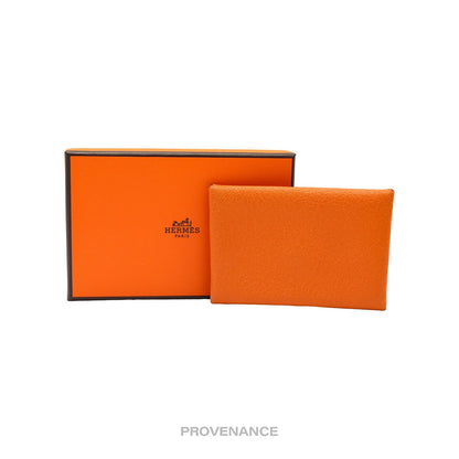 🔴 Hermès Calvi Card Wallet - Orange Chevre Mysore Leather