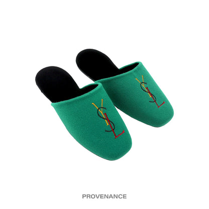 🔴 Yves Saint Laurent YSL Logo Slipper - Green Velour