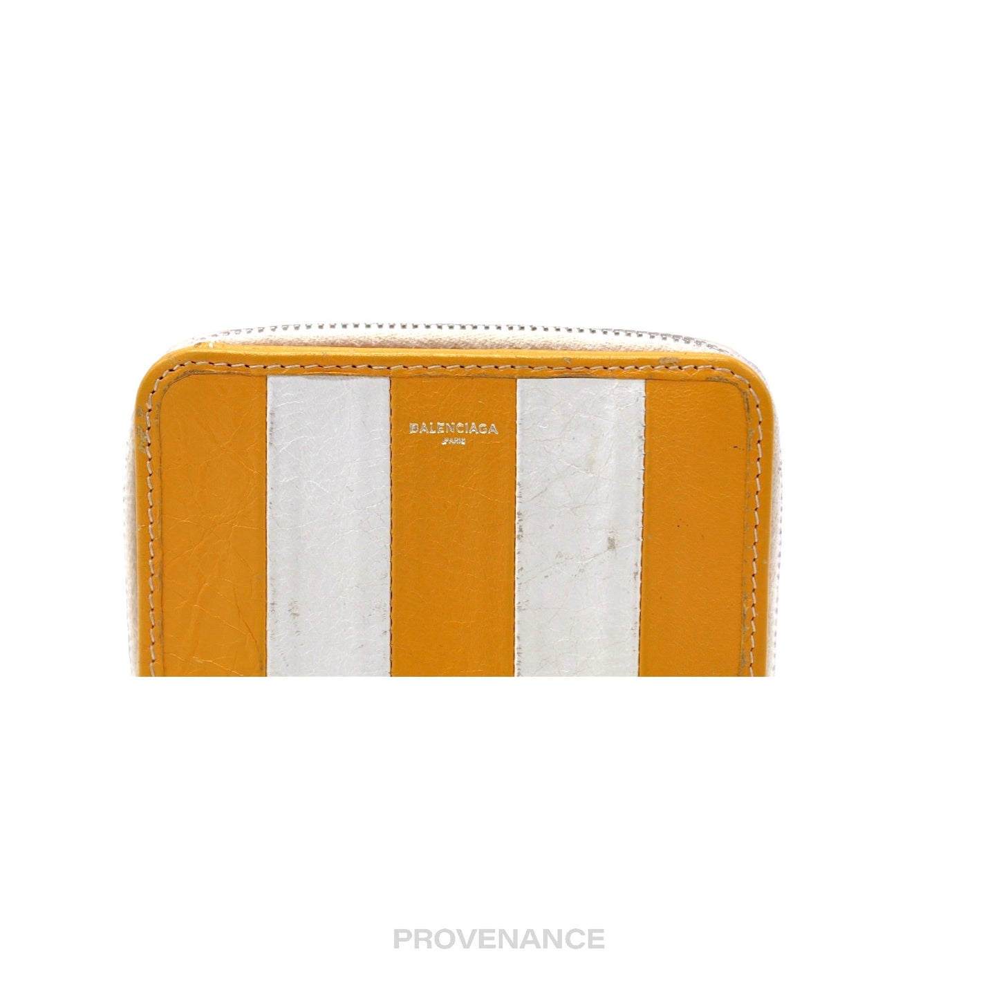 🔴 Balenciaga Logo Bazaar Zip Wallet - Yellow White Striped