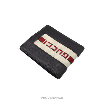 🔴 Gucci Bifold Wallet -Logo Stripe Web Black Leather