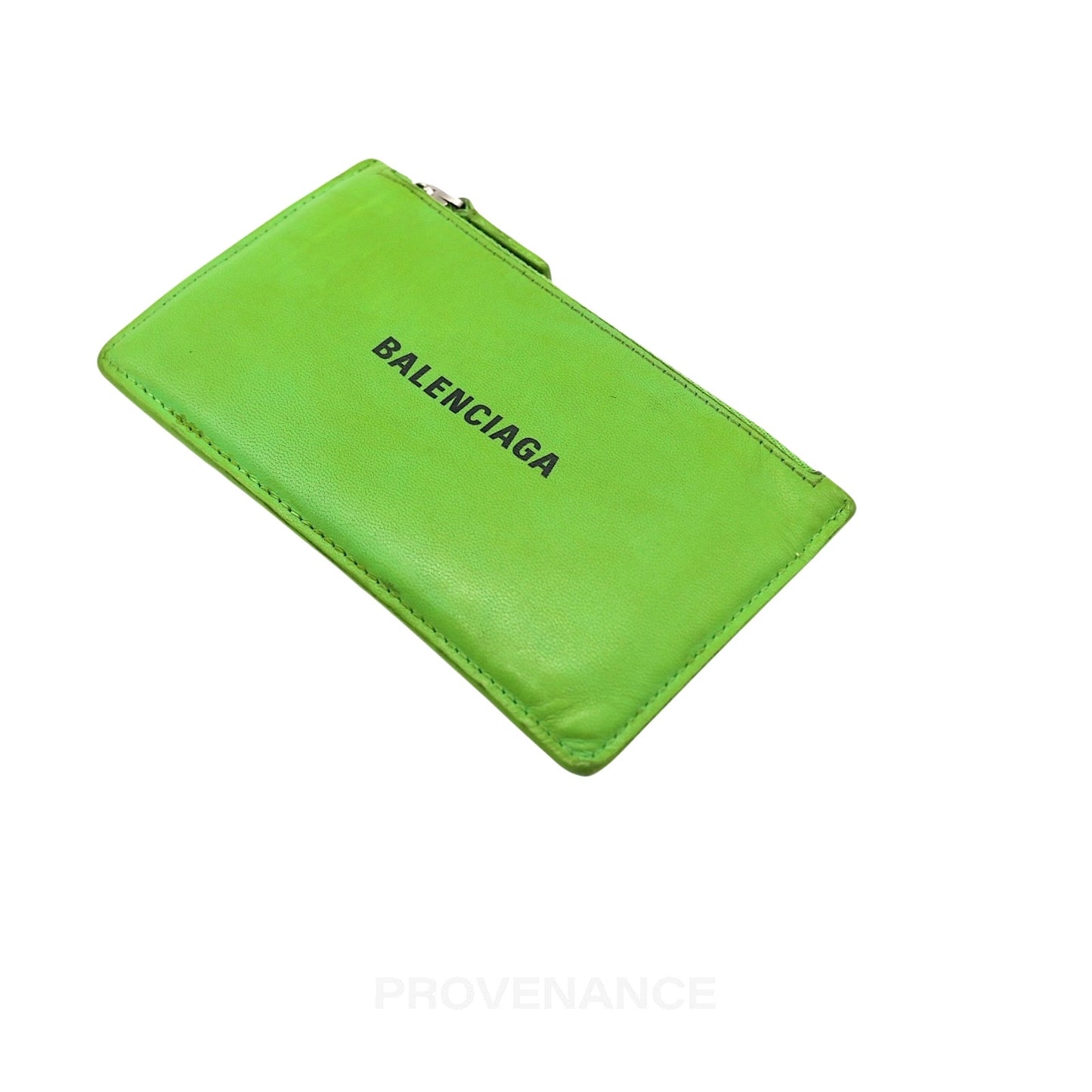 🔴 Balenciaga Logo Fragment Zip Card Wallet - Green Leather