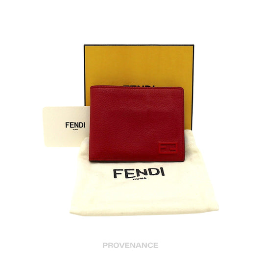 🔴 Fendi  FF Logo Bifold Wallet - Pebbled Red Leather