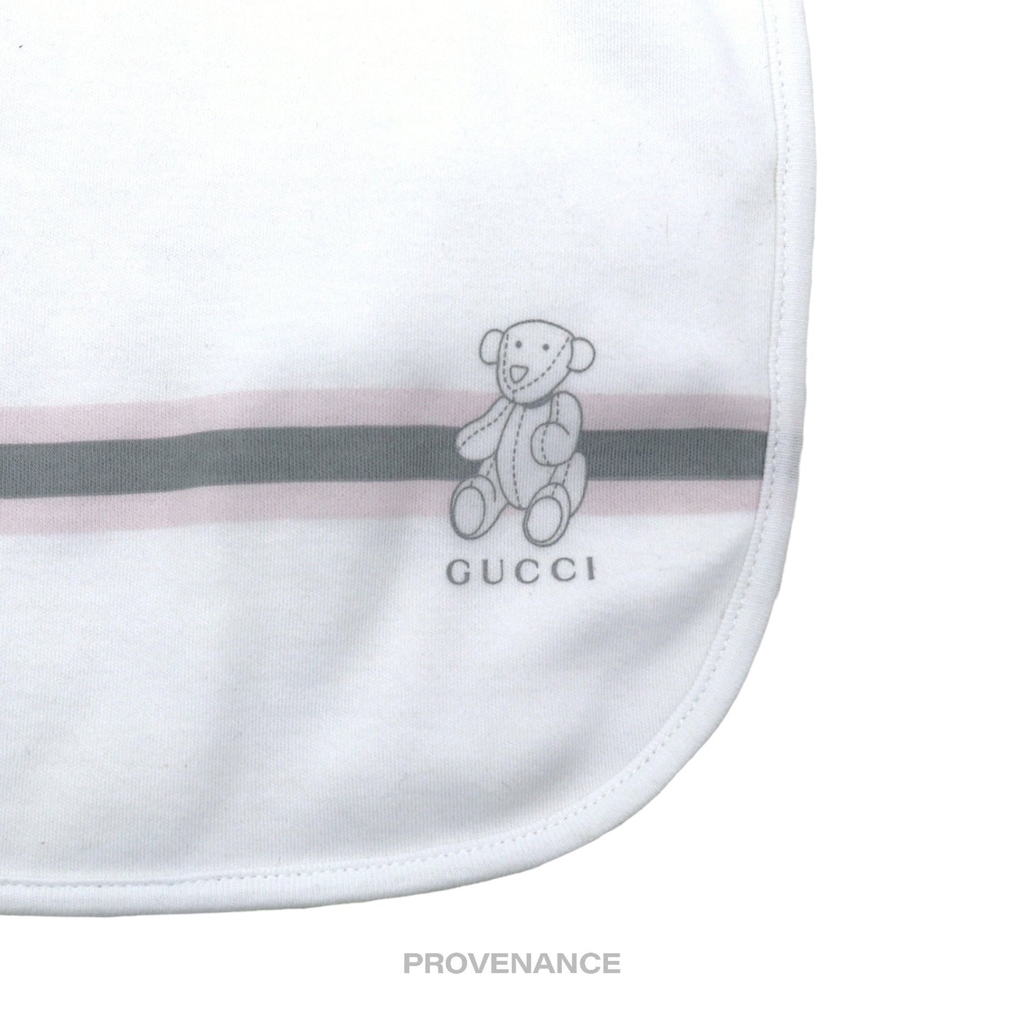 🔴 Gucci Baby Bib - Teddy Bear Web Stripe White Pink Grey