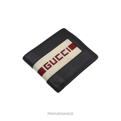 🔴 Gucci Bifold Wallet -Logo Stripe Web Black Leather