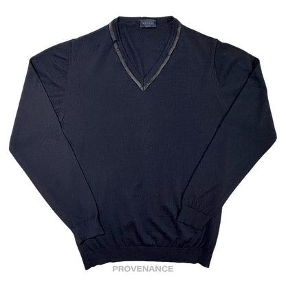 🔴 Lanvin Grosgrain Trim V-Neck Sweater - Navy Merino Wool M