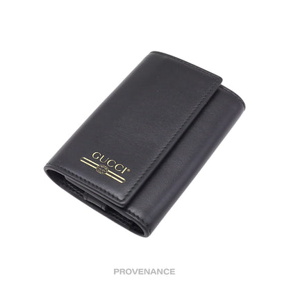 🔴 Gucci GG Vintage Logo 6 Key Holder - Black Leather Gold