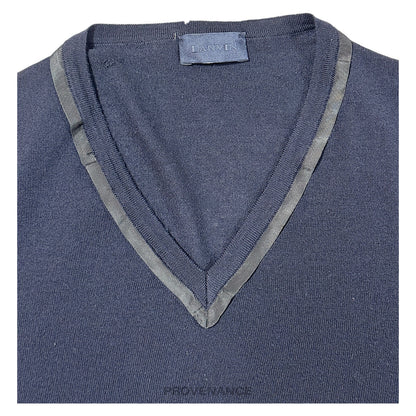 🔴 Lanvin Grosgrain Trim V-Neck Sweater - Navy Merino Wool M