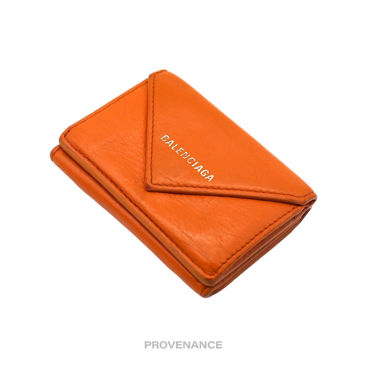 🔴 Balenciaga Logo Print Trifold Wallet - Orange Leather