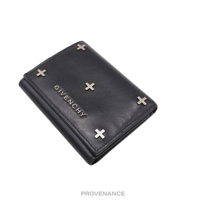 🔴 Givenchy Trifold Metal Cross Card Wallet - Black Leather