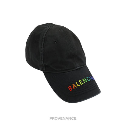 🔴 Balenciaga Embroidered Rainbow Logo Cap - Washed Black