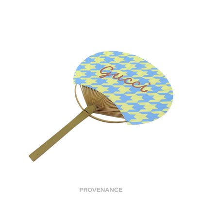 🔴 Gucci Logo Bamboo Hand Fan - Houndstooth Yellow Blue