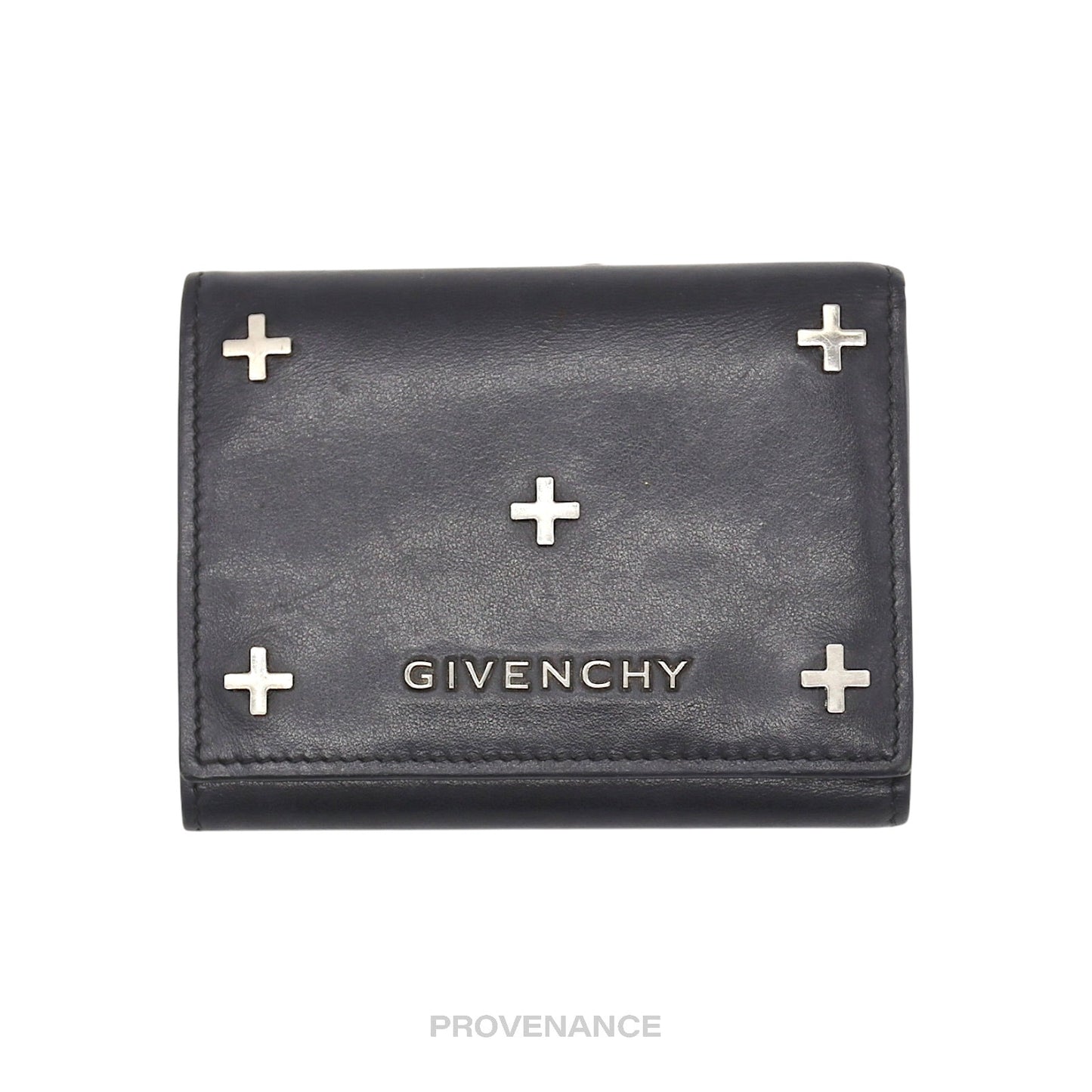 🔴 Givenchy Trifold Metal Cross Card Wallet - Black Leather