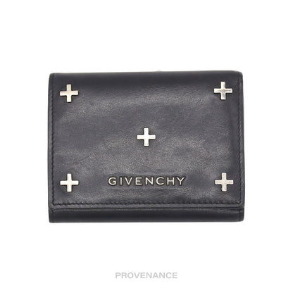 🔴 Givenchy Trifold Metal Cross Card Wallet - Black Leather