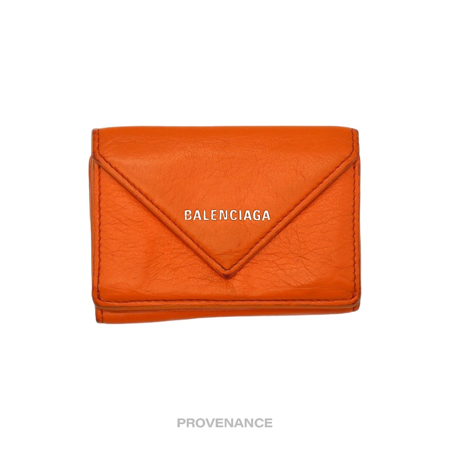 🔴 Balenciaga Logo Print Trifold Wallet - Orange Leather