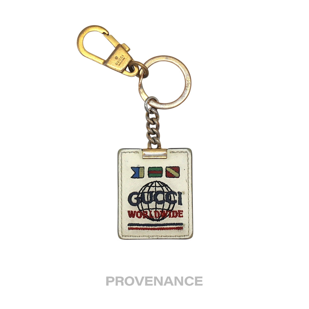 🔴 Gucci Embroidered Worldwide logo Keychain - White Leather