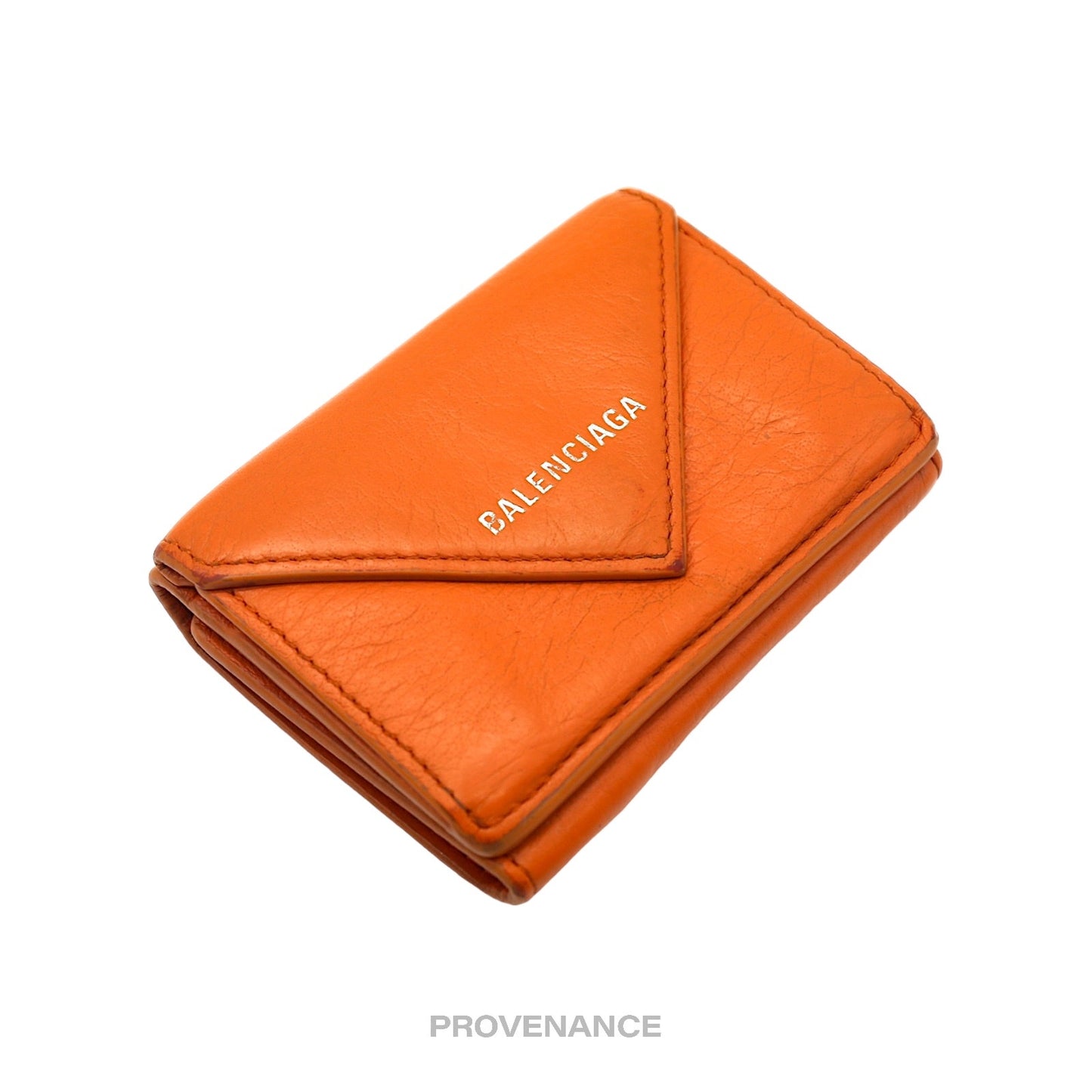 🔴 Balenciaga Logo Print Trifold Wallet - Orange Leather