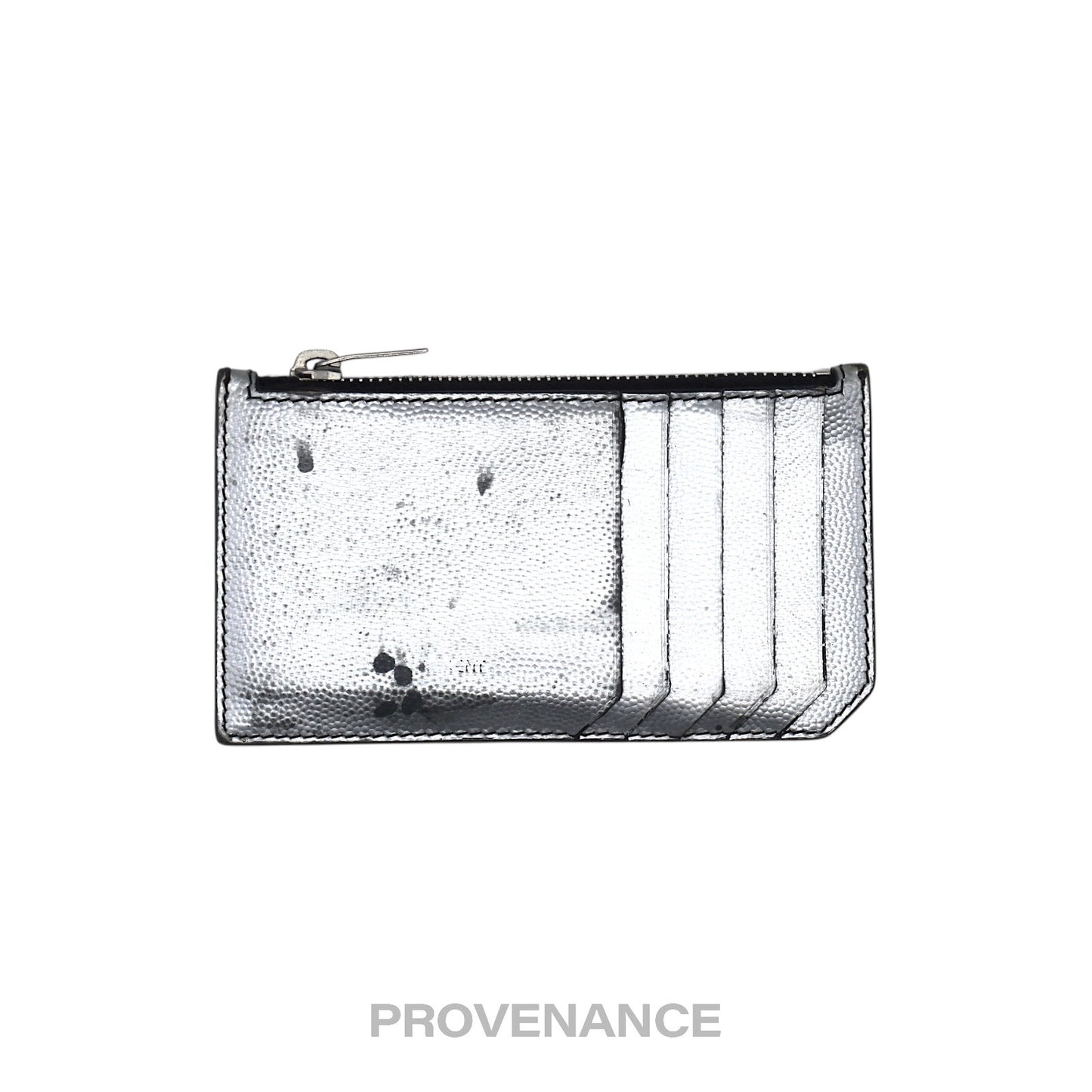 🔴 Saint Laurent Paris SLP Fragment Zip Card Wallet - Metallic Silver
