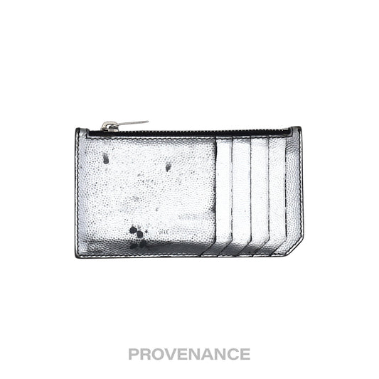 🔴 Saint Laurent Paris SLP Fragment Zip Card Wallet - Metallic Silver