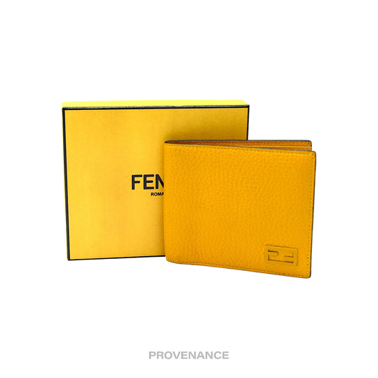 🔴 Fendi FF Logo Bifold Wallet - Pebbled Yellow Leather