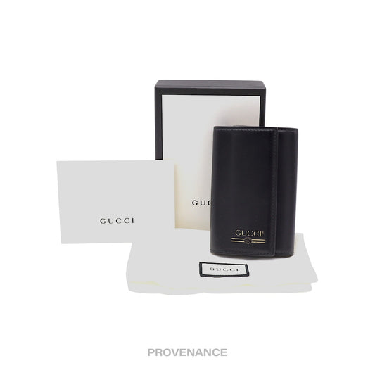 🔴 Gucci GG Vintage Logo 6 Key Holder - Black Leather Gold
