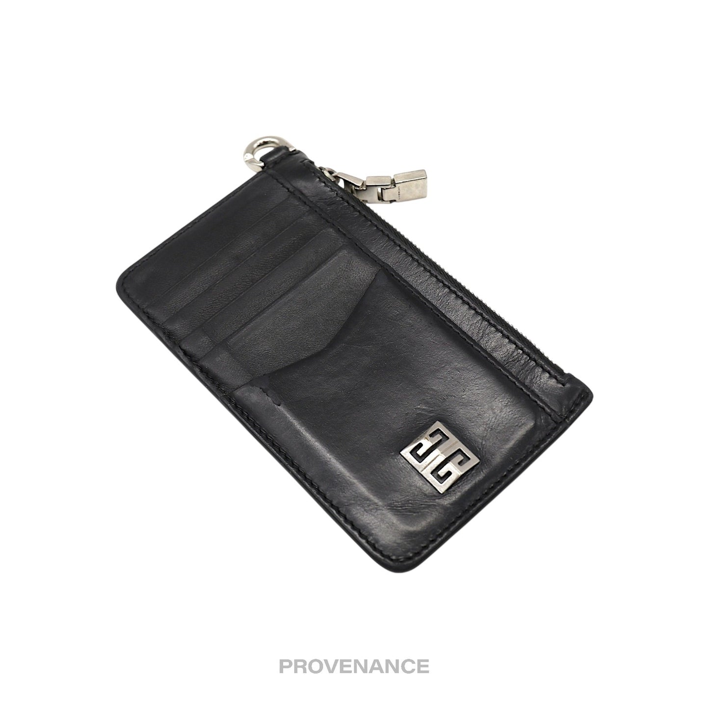 🔴 Givenchy 4G Logo Zip Card Holder Wallet - Black Leather