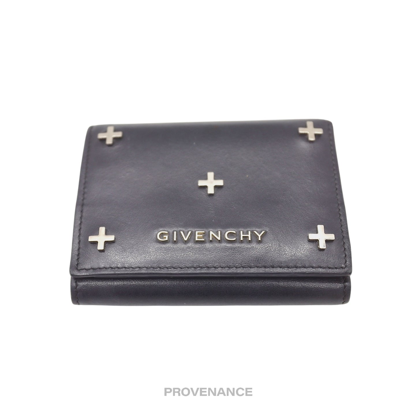 🔴 Givenchy Trifold Metal Cross Card Wallet - Black Leather