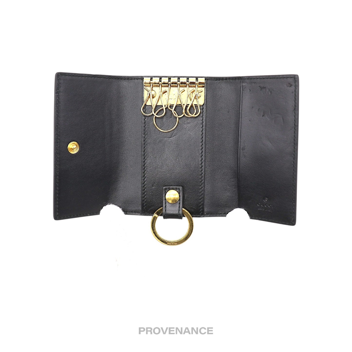 🔴 Gucci GG Vintage Logo 6 Key Holder - Black Leather Gold