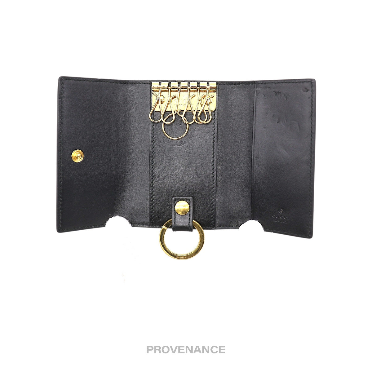 🔴 Gucci GG Vintage Logo 6 Key Holder - Black Leather Gold