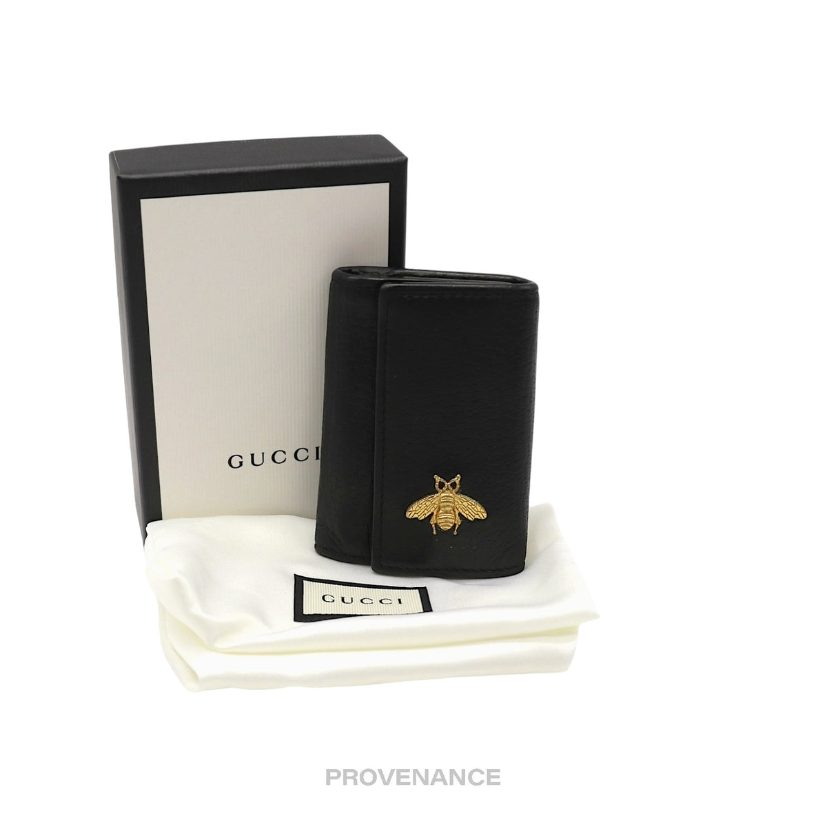 🔴 Gucci 6 Key Holder - Embroidered Bee Gold Black Leather