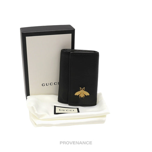 🔴 Gucci 6 Key Holder - Embroidered Bee Gold Black Leather