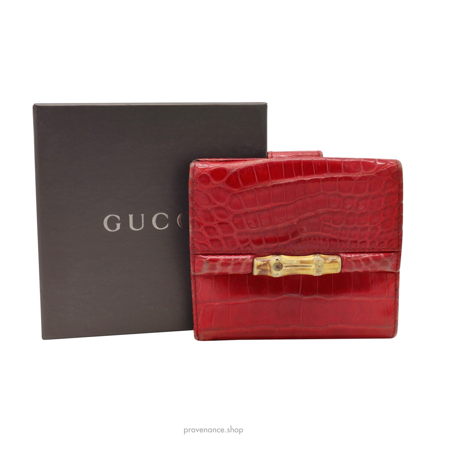 🔴 Gucci Bamboo Trifold Wallet - Red Crocodile Leather